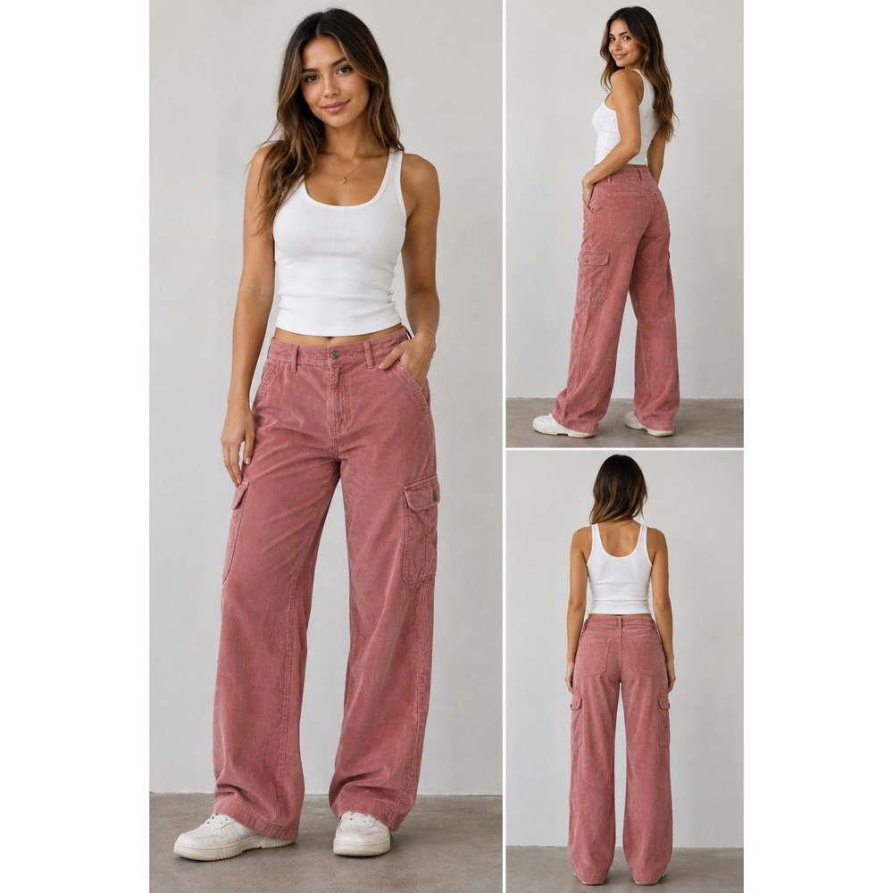 American Eagle Cargo Pants Women 12 Pink Super High Rise Baggy Wide Leg Corduroy